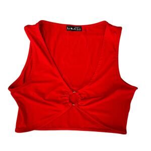 Just Quella Cropped Red Tank Top Sleeveless Split Deep V Neck Large Clubbing